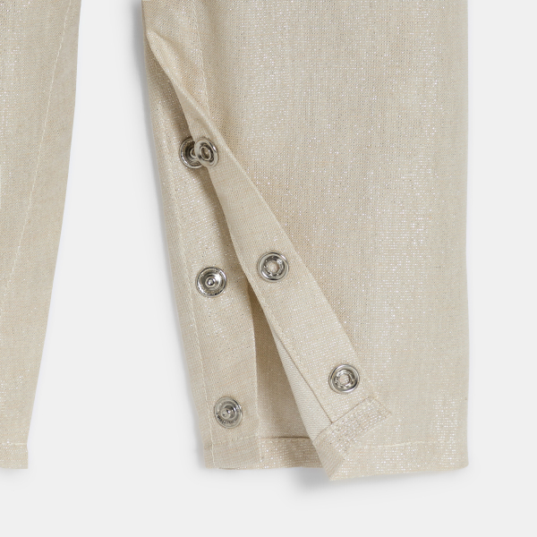 أفرول طويل بيج بألوان لامعة وأكمام قصيرة مطرز الفتيات الرضع